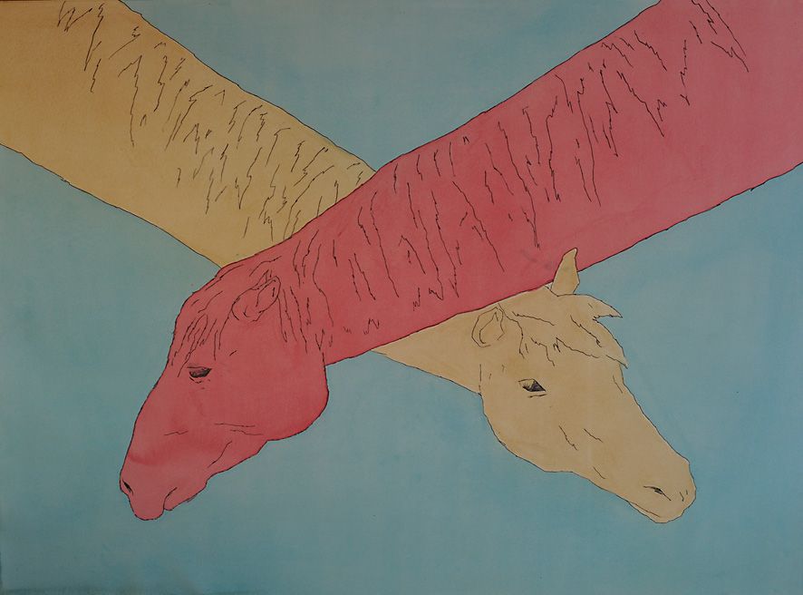 Cous croiss, dessin de pierre guilhem aquarelle et mine de plomb deux chevaux avec de longs cous dessin aux couleurs des hraldiques rouge bleu or jaune cela dit cela reste un dessin contemporain 2012