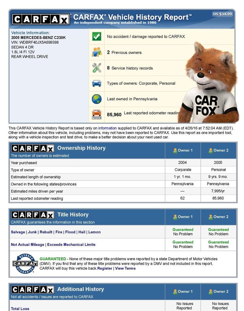  photo CARFAX Vehicle History Report for this 2005 MERCEDES-BENZ C230K WDBRF40JX5A699398-page-001_zpsumc72fht.jpg