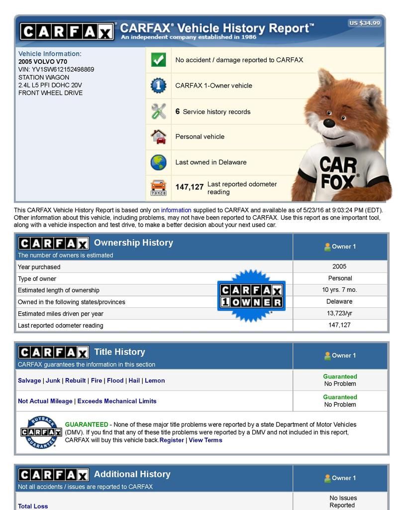  photo CARFAX Vehicle History Report for this 2005 VOLVO V70 YV1SW612152498869-page-001_zpszop3dthm.jpg