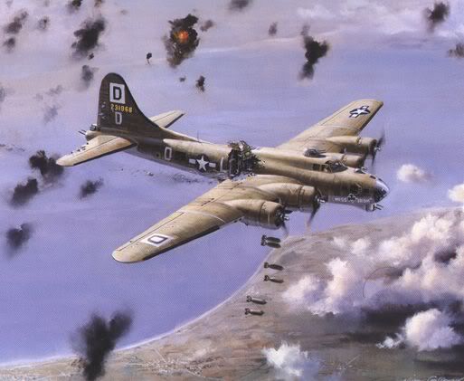 A painting of a B-17 under fire from flak while dropping bombs.