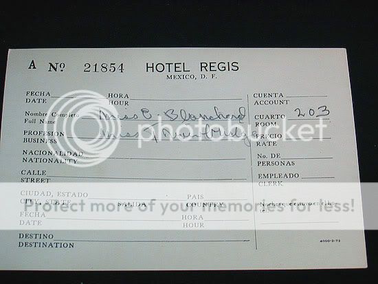   Hotel Registration Card, Hotel Regis, Mexico, D.F. Circa 1930s