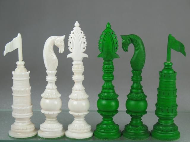 Unique Tower Chess Set   Antique Design Reproduced in Camel Bone Green