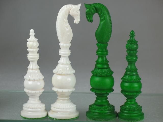 Unique Tower Chess Set   Antique Design Reproduced in Camel Bone Green